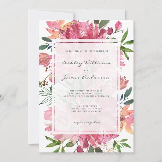 Chique bloemige botanische boho roze pioen bruilof kaart (Voorkant)