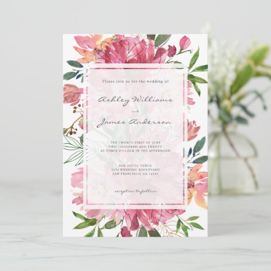 Chique bloemige botanische boho roze pioen bruilof kaart (Staand voorkant)