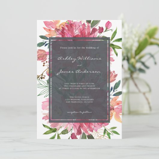 Chique bloemige botanische boho roze pioen bruilof kaart (Staand voorkant)