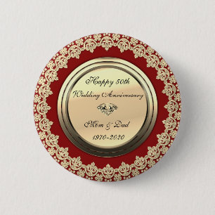 Chique Bloemige Krullen Rood 50-jarig Huwelijksjub Ronde Button 5,7 Cm
