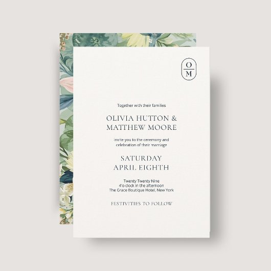 Chique bloemige monogram trouwkaart kaart