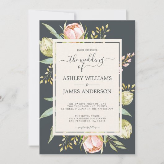 Chique bloemige roze pioen botanische off-black br kaart (Voorkant)