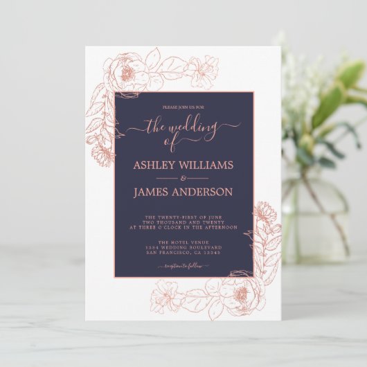 Chique bloemige roze roze gouden donkerblauwe trou kaart (Staand voorkant)