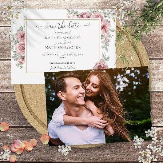 Chique Bloemige Stof Rose Foto Bruiloft Save The Date