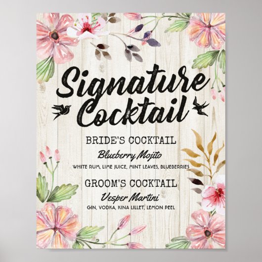 Chique bloemige trouwkaart signature cocktaildrank poster (Voorkant)