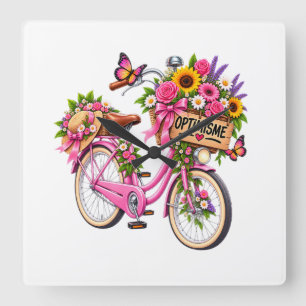 Chique bloemige wandklok – Roze bloemige fiets met