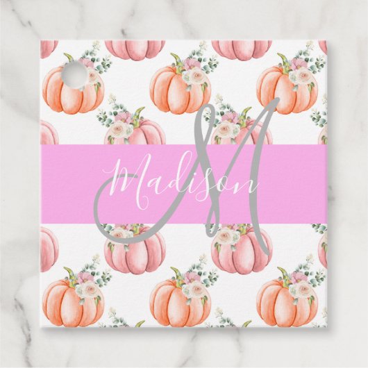 Chique Bloemige Witte Roze Perzik Pompoen Monogram Bedankjes Labels (Voorkant)