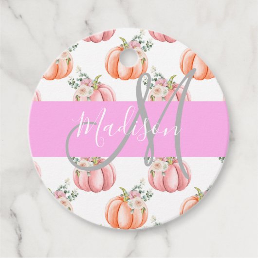 Chique Bloemige Witte Roze Perzik Pompoen Monogram Bedankjes Labels (Voorkant)