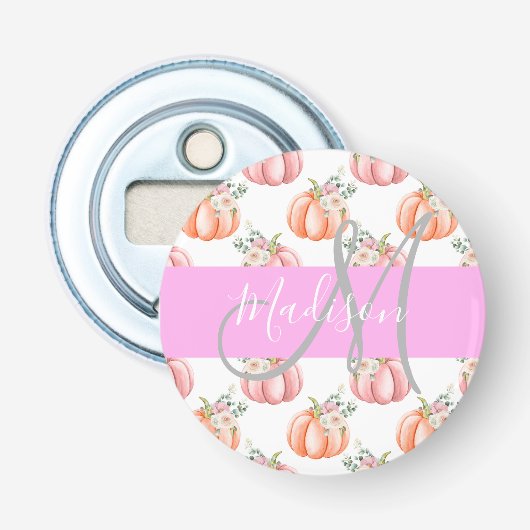 Chique Bloemige Witte Roze Perzik Pompoen Monogram Button Flesopener (Voorkant)