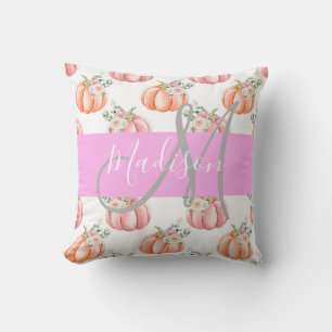 Chique Bloemige Witte Roze Perzik Pompoen Monogram Kussen