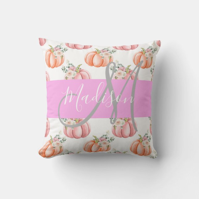 Chique Bloemige Witte Roze Perzik Pompoen Monogram Kussen (Voorkant)