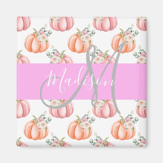 Chique Bloemige Witte Roze Perzik Pompoen Monogram Magneet (Voorkant)