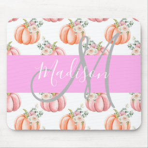 Chique Bloemige Witte Roze Perzik Pompoen Monogram Muismat