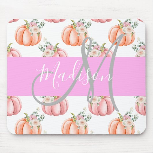 Chique Bloemige Witte Roze Perzik Pompoen Monogram Muismat (Voorkant)