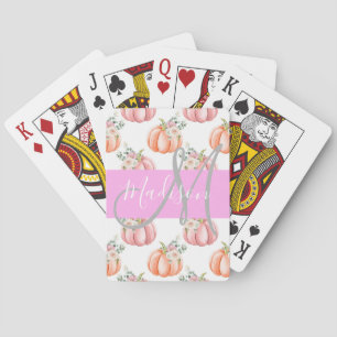 Chique Bloemige Witte Roze Perzik Pompoen Monogram Pokerkaarten