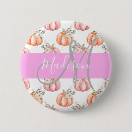 Chique Bloemige Witte Roze Perzik Pompoen Monogram Ronde Button 5,7 Cm