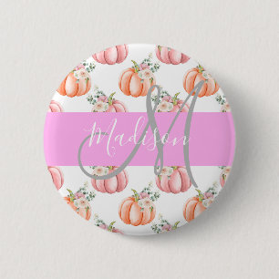 Chique Bloemige Witte Roze Perzik Pompoen Monogram Ronde Button 5,7 Cm