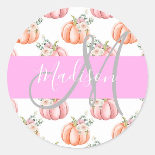 Chique Bloemige Witte Roze Perzik Pompoen Monogram Ronde Sticker (Voorkant)