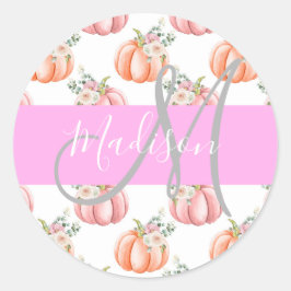 Chique Bloemige Witte Roze Perzik Pompoen Monogram Ronde Sticker