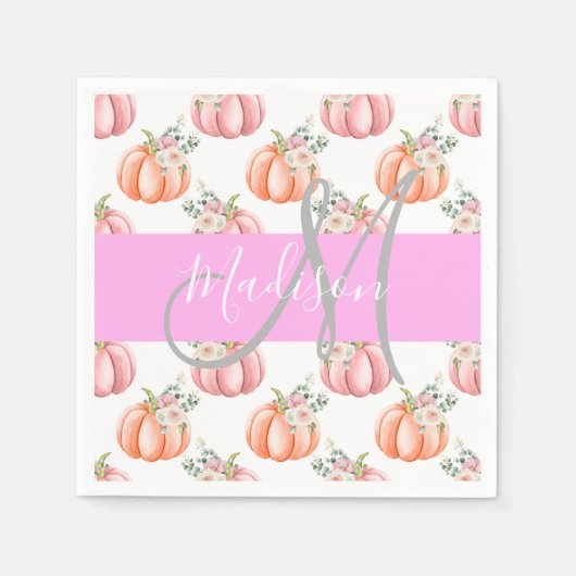 Chique Bloemige Witte Roze Perzik Pompoen Monogram Servet (Voorkant)