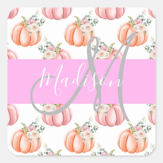 Chique Bloemige Witte Roze Perzik Pompoen Monogram Vierkante Sticker (Voorkant)
