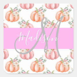 Chique Bloemige Witte Roze Perzik Pompoen Monogram Vierkante Sticker