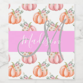 Chique Bloemige Witte Roze Perzik Pompoen Monogram Wijn Etiket