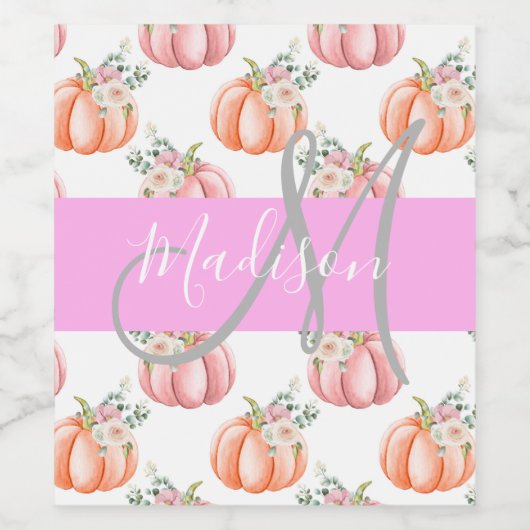 Chique Bloemige Witte Roze Perzik Pompoen Monogram Wijn Etiket (Enkel label)