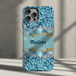 Chique bloemrijke glinsterende gouden turquoise te Case-Mate iPhone case