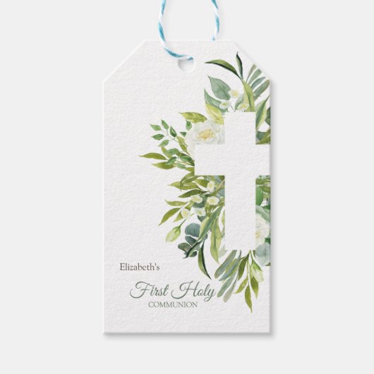 Chique Bloemstuk Kruis Bladeren Eerste Heilige Com Cadeaulabel (Voorkant)
