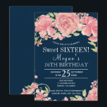 Chique bloesem blush pioenen op marine zoet zestie kaart<br><div class="desc">Floral elegante stijl lieve zestien / 16e verjaardagsfeestuitnodiging sjabloon op donker middernachtblauw met grote roze pioen rozen. Vul uw gegevens in de spots in, U kunt ervoor kiezen om het verder aan te passen door de achtergrond navy kleur, lettertypen en kleuren van belettering te veranderen. — De uitnodiging is geschikt...</div>