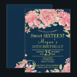 Chique bloesem blush pioenen op marine zoet zestie kaart<br><div class="desc">Floral elegante stijl lieve zestien / 16e verjaardagsfeest uitnodiging sjabloon op donker middernachtblauw met grote roze pioen rozen met gouden script letters. Vul uw informatie in de spots in, U kunt ervoor kiezen om het verder aan te passen door de achtergrondkleur, lettertypen en kleuren van belettering te veranderen. ---- De...</div>