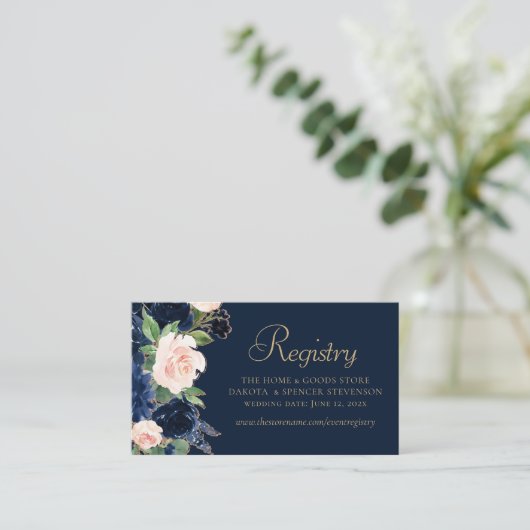 Chique Blooms | Dark Navy Blue en Blush Website Informatiekaartje (Staand voorkant)