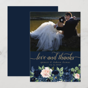 Chique Blooms Dark Navy Blush Pink Foto en Liefd Bedankkaart