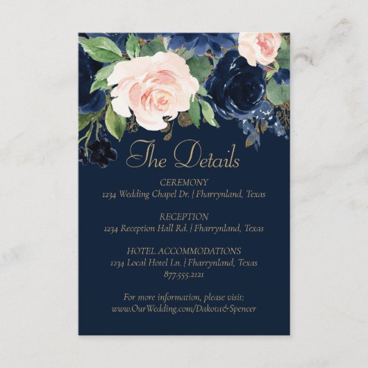 Chique Blooms | Dark Navy en Blush Gast Details Informatiekaartje (Voorkant)