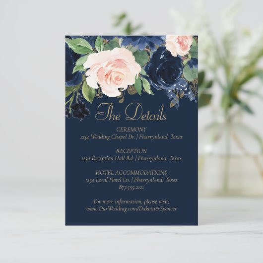 Chique Blooms | Dark Navy en Blush Gast Details Informatiekaartje (Staand voorkant)
