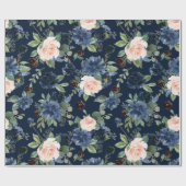 Chique Blooms | Donker Navy Blauw en Blush Pattern Cadeaupapier (Vlak)