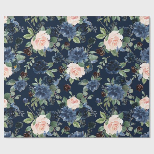 Chique Blooms | Donker Navy Blauw en Blush Pattern Cadeaupapier (Vlak)