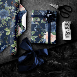 Chique Blooms | Donker Navy Blauw en Blush Pattern Cadeaupapier