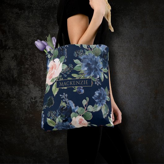Chique Blooms | Donker Navy Blue en Blush Monogram Tote Bag