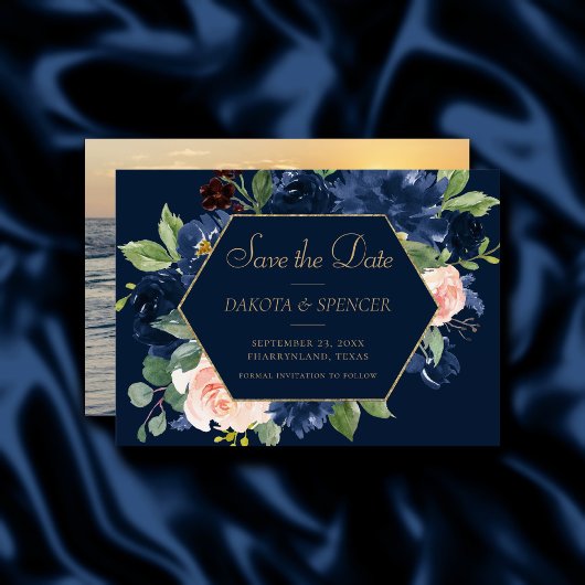 Chique Blooms | Donker Navy Blue en Blush Pink Fot Save The Date