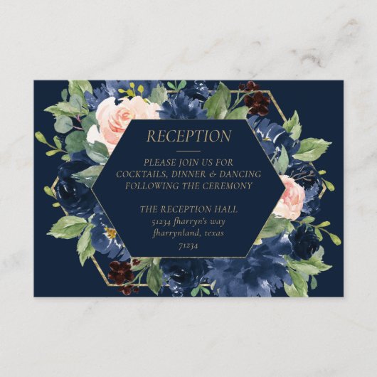 Chique Blooms | Donker Navy Blue en Blush Receptie Informatiekaartje (Voorkant)