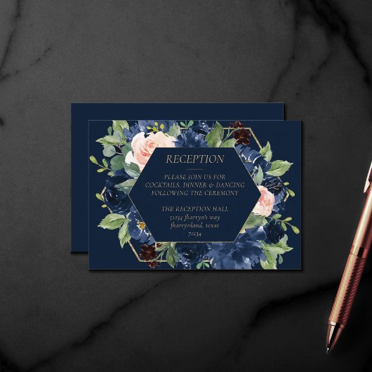 Chique Blooms | Donker Navy Blue en Blush Receptie Informatiekaartje