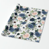 Chique Blooms | Navy Blauw en Blush Bloemen Patroo Cadeaupapier (Uitgerold)