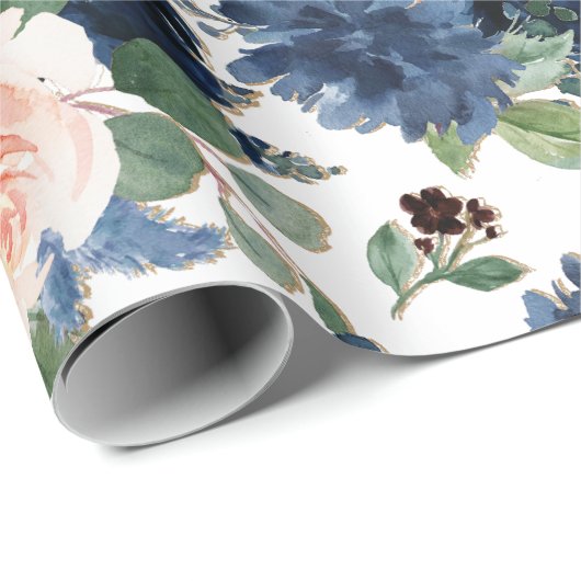 Chique Blooms | Navy Blauw en Blush Bloemen Patroo Cadeaupapier (Rol Hoek)