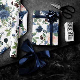 Chique Blooms | Navy Blauw en Blush Bloemen Patroo Cadeaupapier