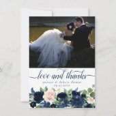 Chique Blooms | Navy Blue Blush Roze Foto en Liefd Bedankkaart (Voorkant)