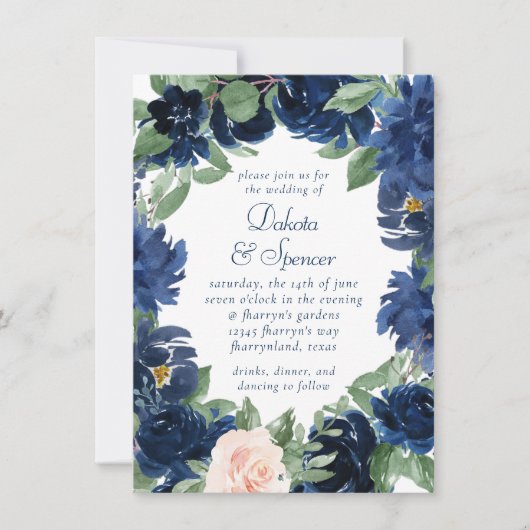 Chique Blooms | Navy Blue en Blush Bloemen bruilof Kaart (Voorkant)