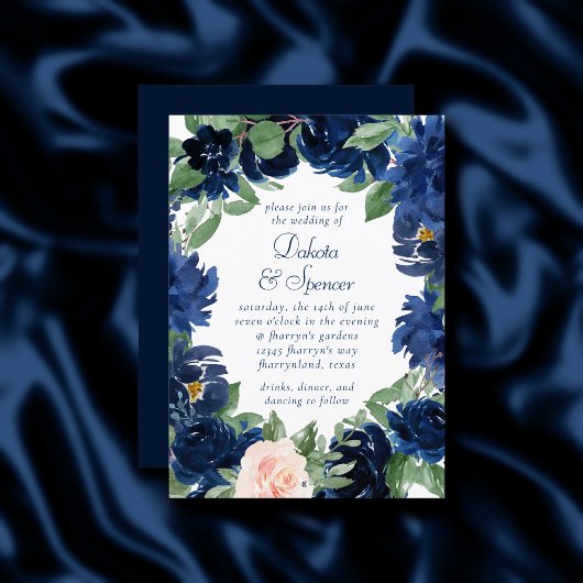 Chique Blooms | Navy Blue en Blush Bloemen bruilof Kaart