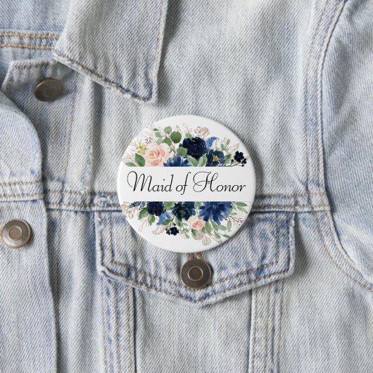 Chique Blooms | Navy Blue en Blush Bruidsfeest Ronde Button 7,6 Cm (In situ)